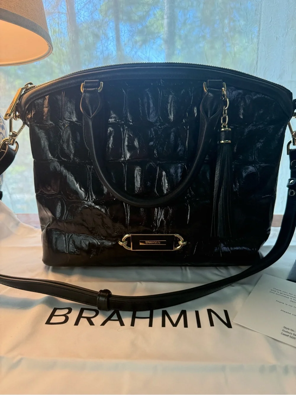 Brahmin Black Croc-Embossed Patent Satchel with Tassel